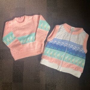 VNTG Sweater & Vest Set Girls Pink w/Ducks Clouds Hearts Size 18 month 90's Y2K